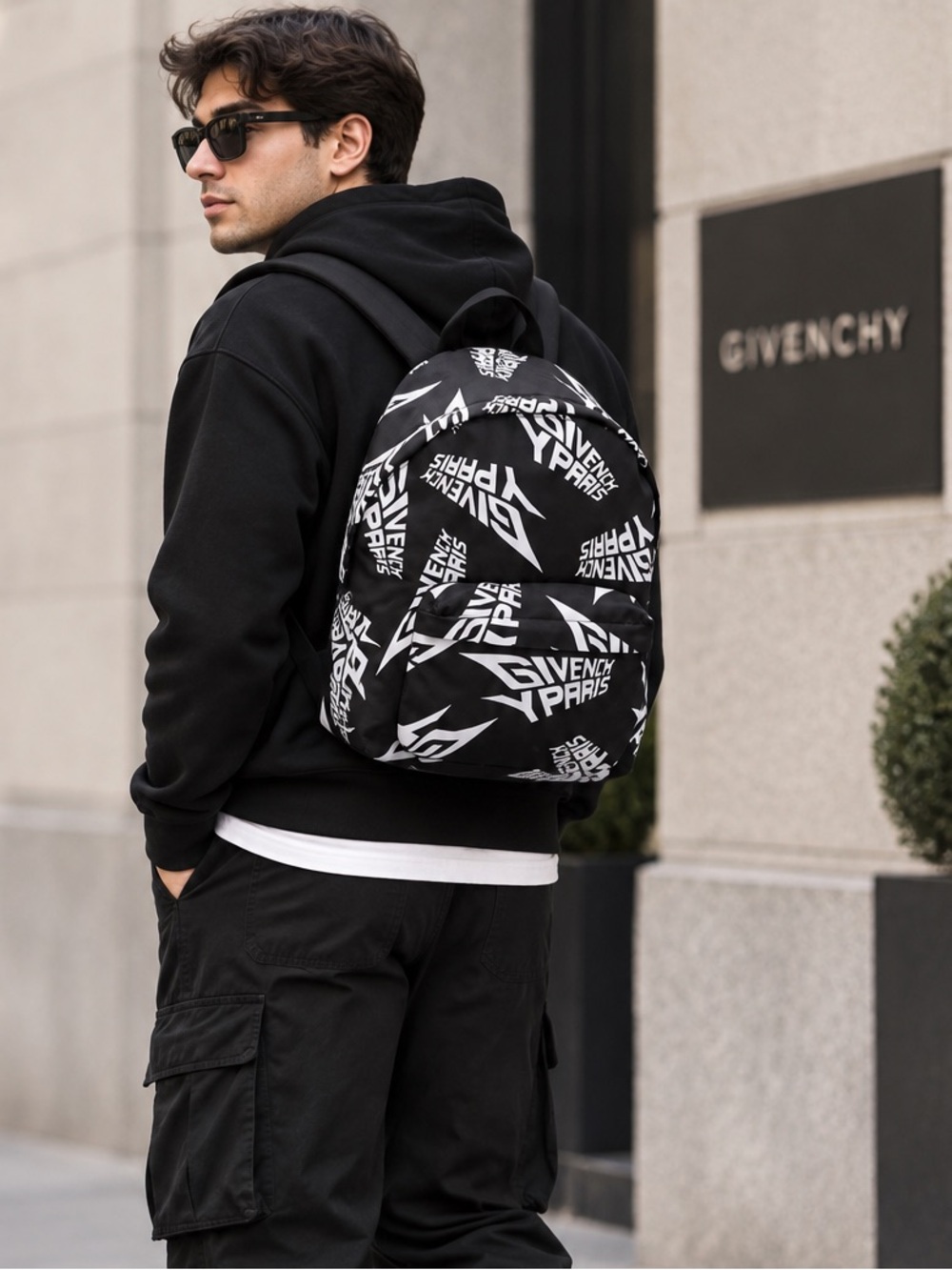 Givenchy Paris Logo Print Nylon Backpack Black White Large Bag